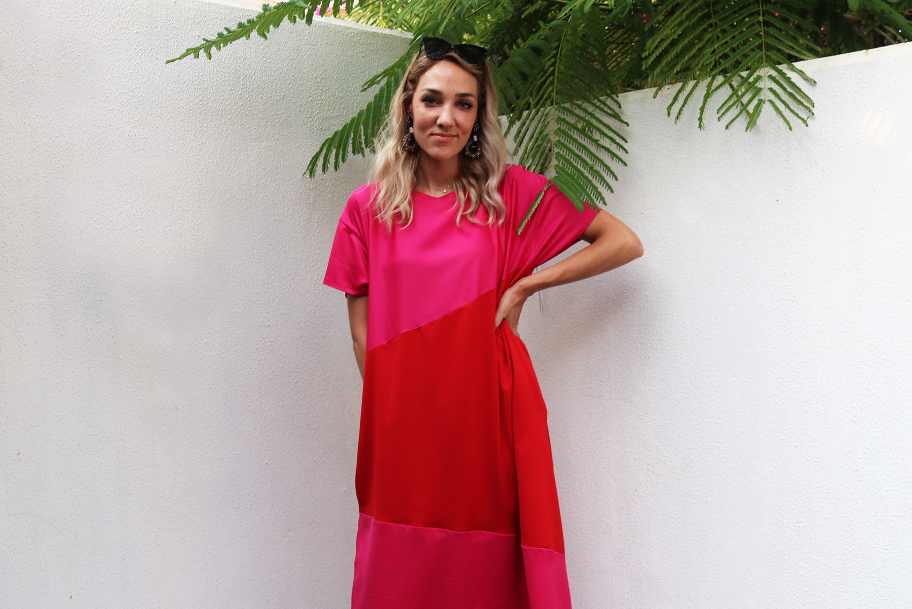 pink and red colour block dress